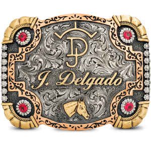 A custom belt buckle for men with personalized bronze lettering for name, ranch brand and a horse head golden figure 